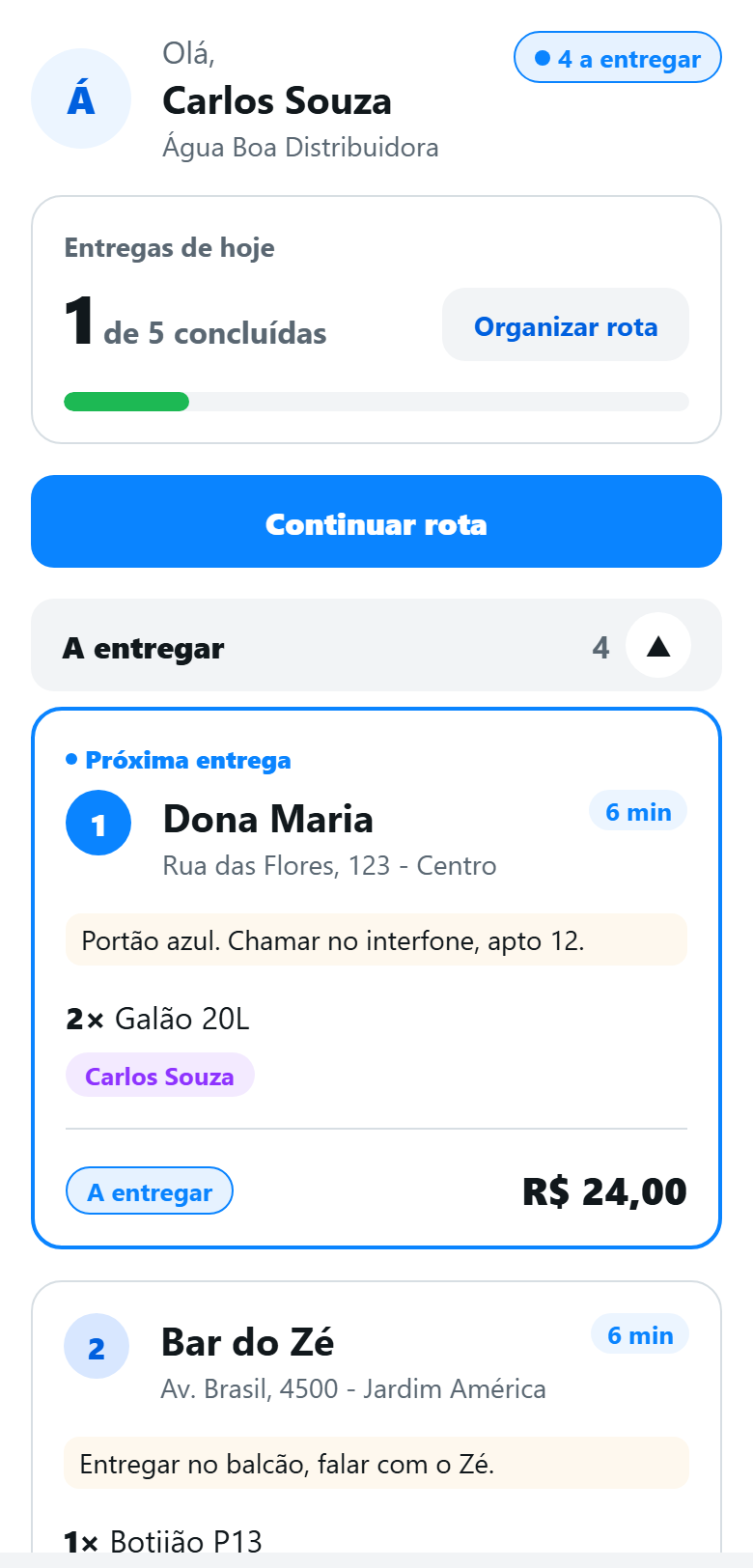 Aplicativo H2O Gestão no celular do entregador, com as entregas do dia e a próxima parada em destaque