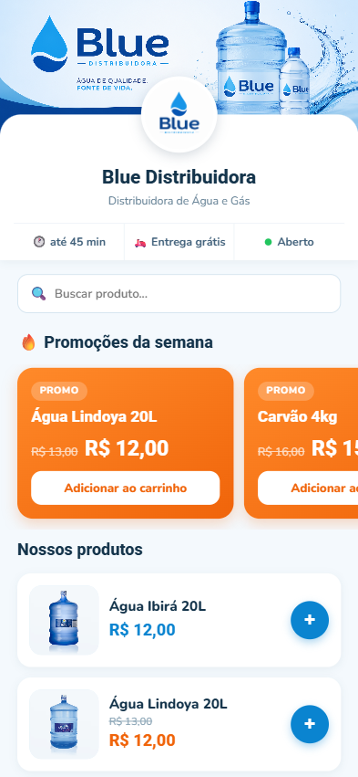 Loja online da Blue Distribuidora no celular, com promoções da semana e lista de produtos